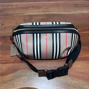 Burberry Tan and Black Striped Belt Bag